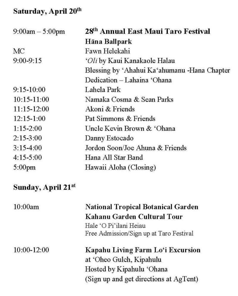 East Maui Taro Festival Schedule - April 20, 2024